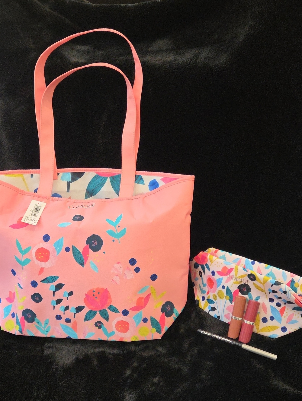 Clinique Floral Tote And Makeup Bag with 2 Full Size Lipsticks And 1 Eyeliner